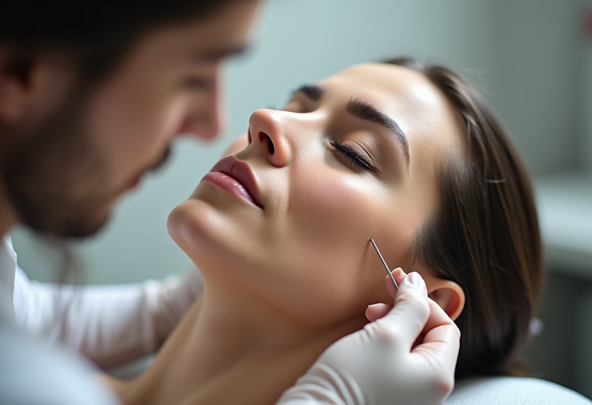Facial acupuncture near the jawline for TMJ relief performed by Ronen in Boca Raton